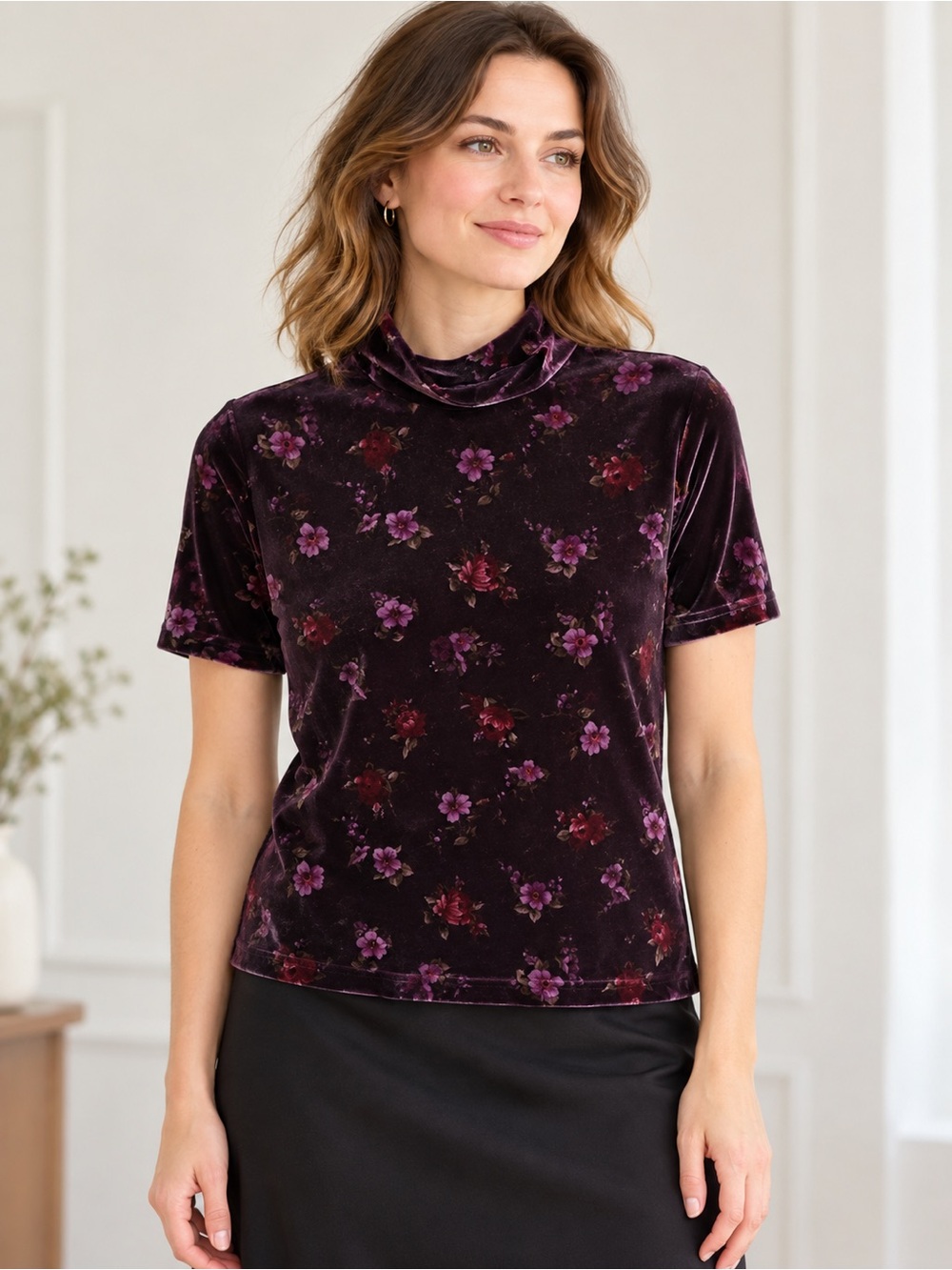 Laura Scott Velvet Floral Mock Neck Top - Plum
